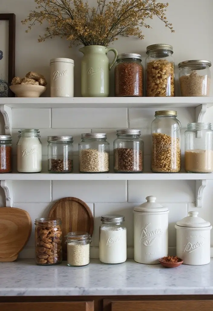 26 Farmhouse Kitchen Inspirations for a Cozy Look 22. Vintage Canisters and Jars