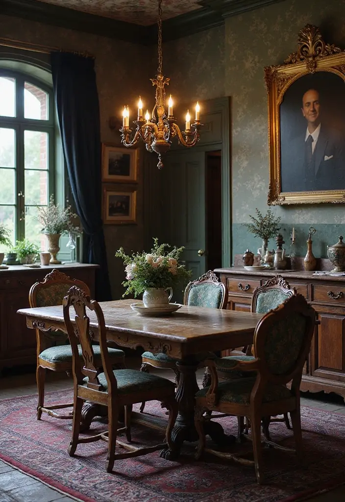 26 Gothic Kitchen Ideas for a Bold Statement 14. Vintage Furniture Pieces