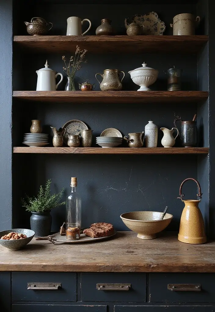 26 Gothic Kitchen Ideas for a Bold Statement 17. Dramatic Open Shelving