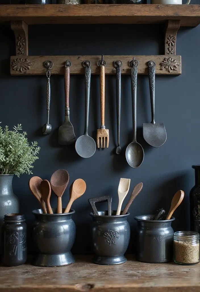 26 Gothic Kitchen Ideas for a Bold Statement 20. Stylish Utensil Displays