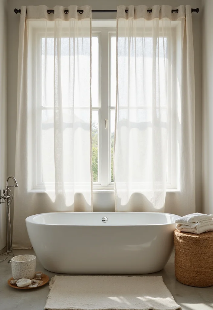 10 Bathroom Door Curtain Ideas for Soft Space Saving Privacy 3. Sheer Organic Cotton Panels