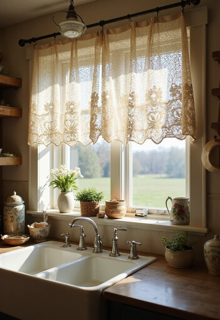 10 Kitchen Sink Curtain Ideas for Soft Practical Coverings - 2. Rustic Lace Accents