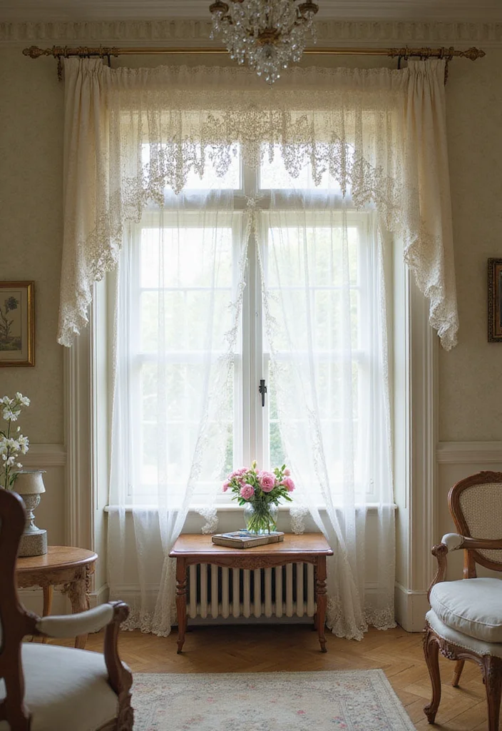 10 Living Room Valance Ideas for Soft Framed Window Style - 6. Vintage Lace Valances