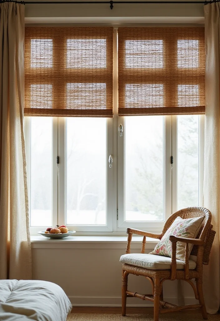 10 Narrow Window Curtain Ideas for Sleek Light Softening Style 2. Bamboo Blinds
