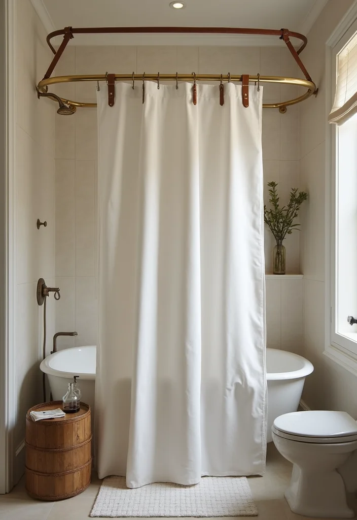 10 Shower Curtain Tie Back Ideas for Neat Functional Styling - 7. Leather Straps with Brass Hardware