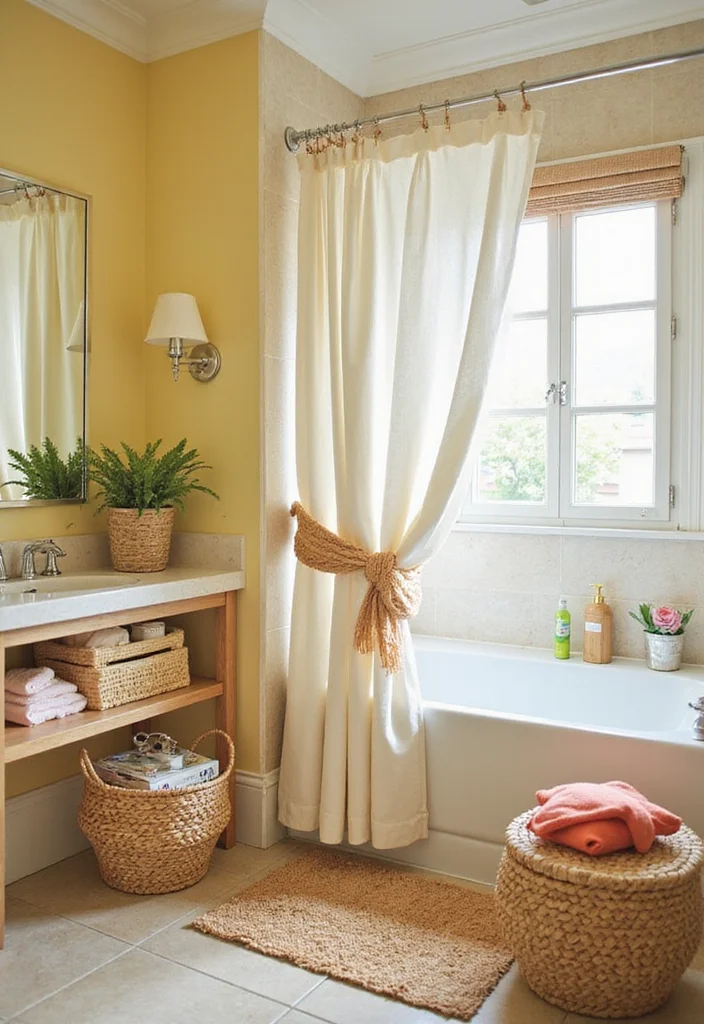 10 Shower Curtain Tie Back Ideas for Neat Functional Styling - 8. Woven Baskets for Storage and Style