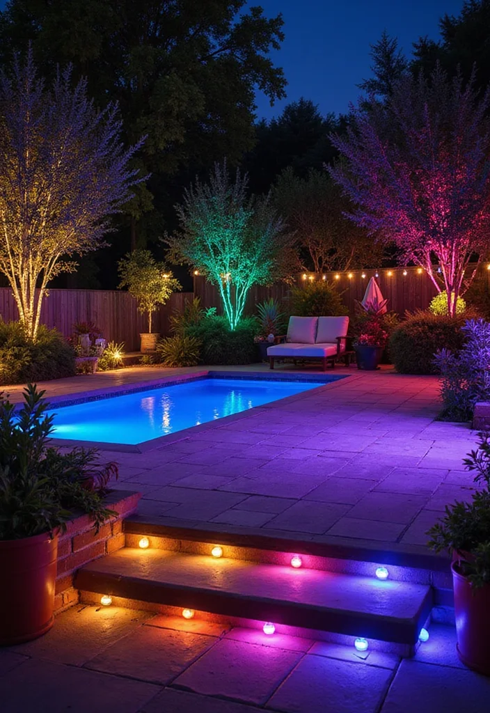 12 Backyard Patio Lights Ideas for Warm Inviting Ambience - 11. Mood Lighting with Color-Changing Bulbs