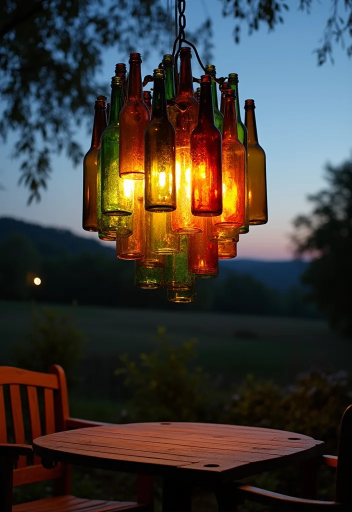 12 Backyard Patio Lights Ideas for Warm Inviting Ambience - 5. Upcycled Bottle Chandeliers