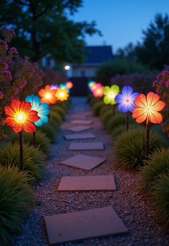 12 Backyard Patio Lights Ideas for Warm Inviting Ambience - 7. Colorful Solar Stakes