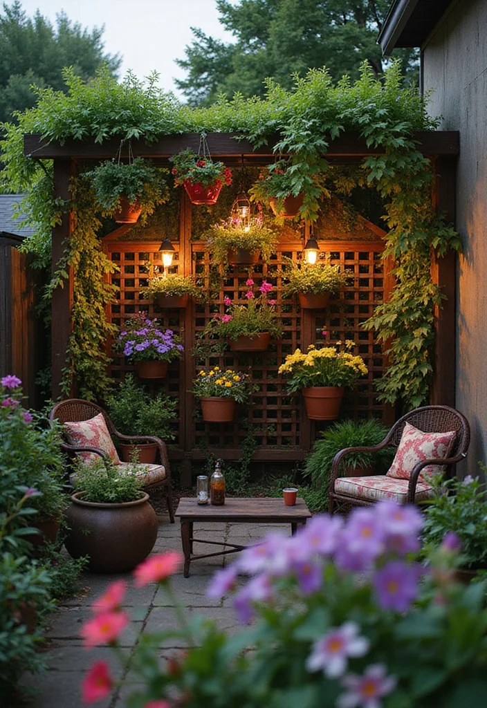 12 Backyard Privacy Screen Ideas for Comfortable Secluded Living 9. Trellis Screens with Hanging Planters
