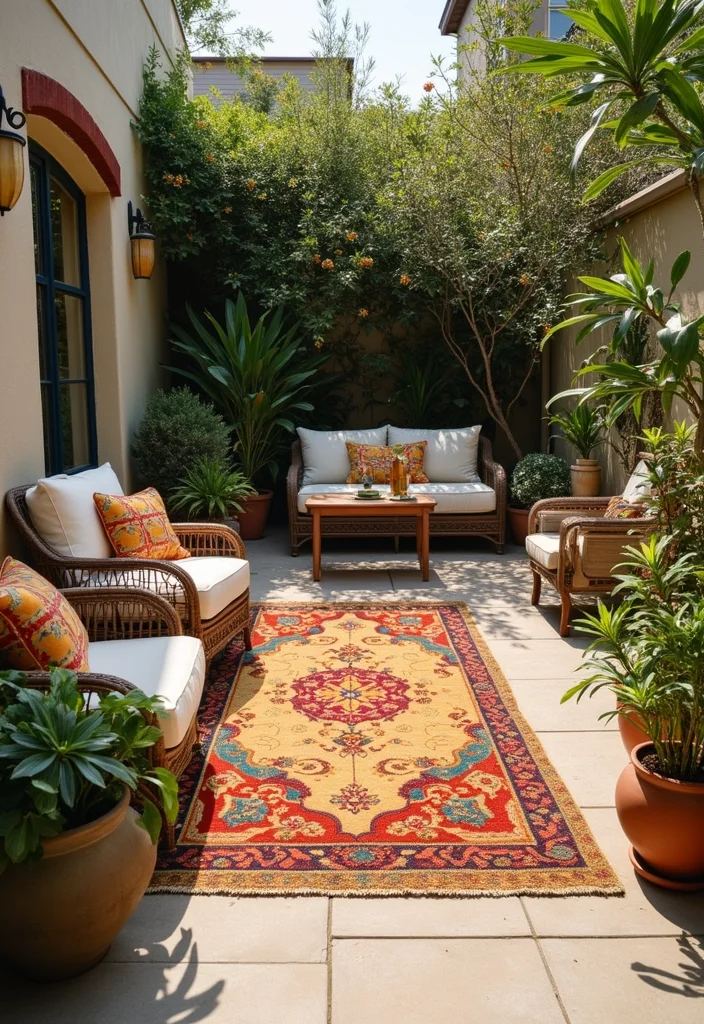 12 Backyard Terrace Ideas for Relaxed Functional Outdoor Living - 5. Outdoor Rugs for Comfort