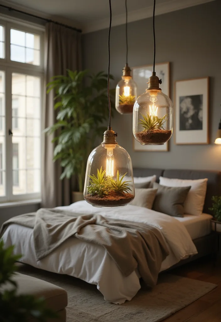 12 Bedroom Ceiling Lighting Ideas for Soft Bright Ambience 10. Hanging Terrarium Lights