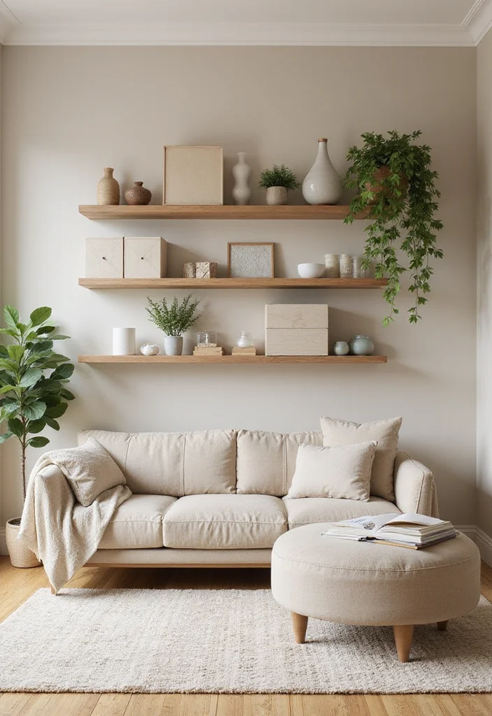 12 Beige Living Room Ideas for Soft Calm Neutral Comfort 10. Open Shelving for Display