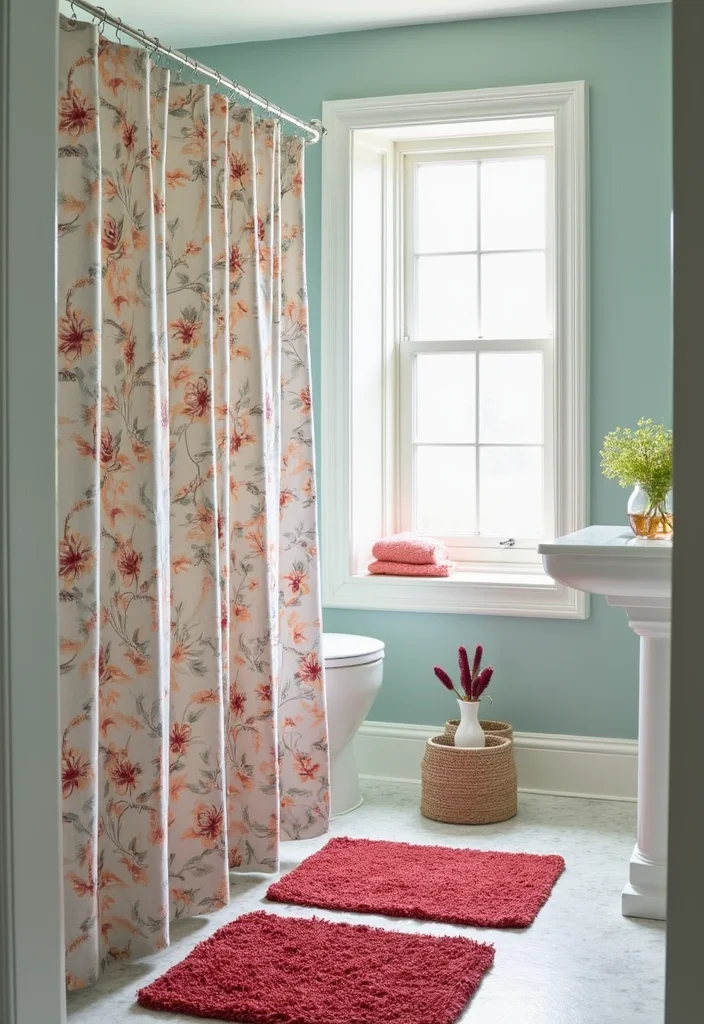 12 Contemporary Bathroom Decor Ideas for Sleek Calm Modern Living - 9. Stylish Shower Curtains and Rugs