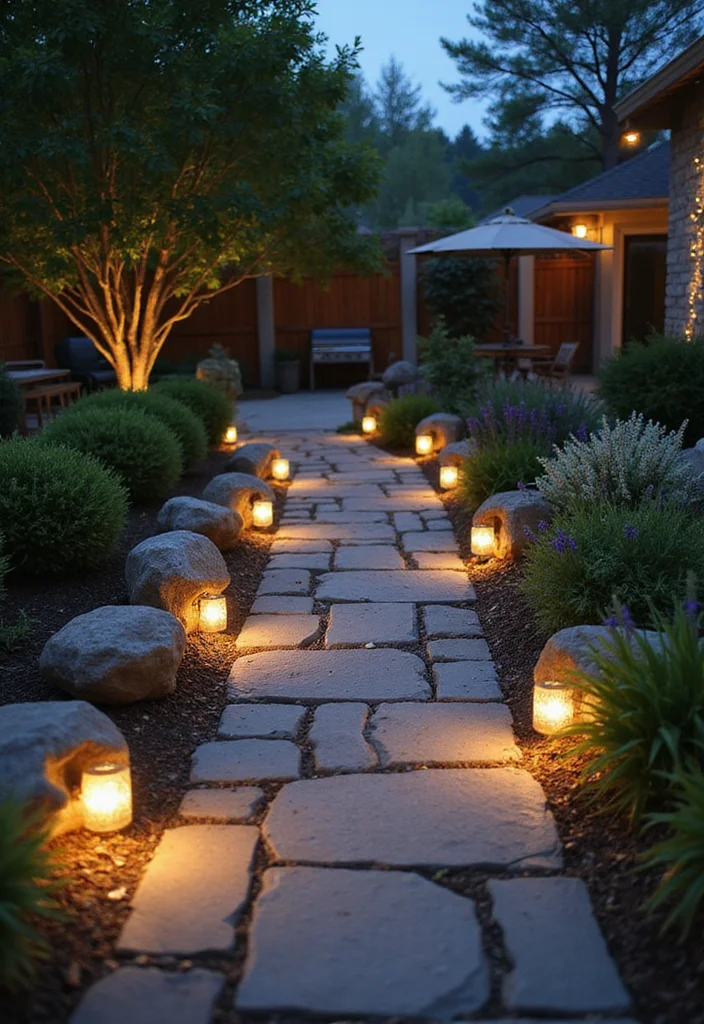 12 DIY Backyard Patio Ideas for Affordable Creative Upgrades 3. Stone Pathway Lighting