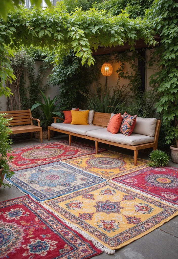 12 DIY Backyard Patio Ideas for Affordable Creative Upgrades 9. Colorful Outdoor Rugs