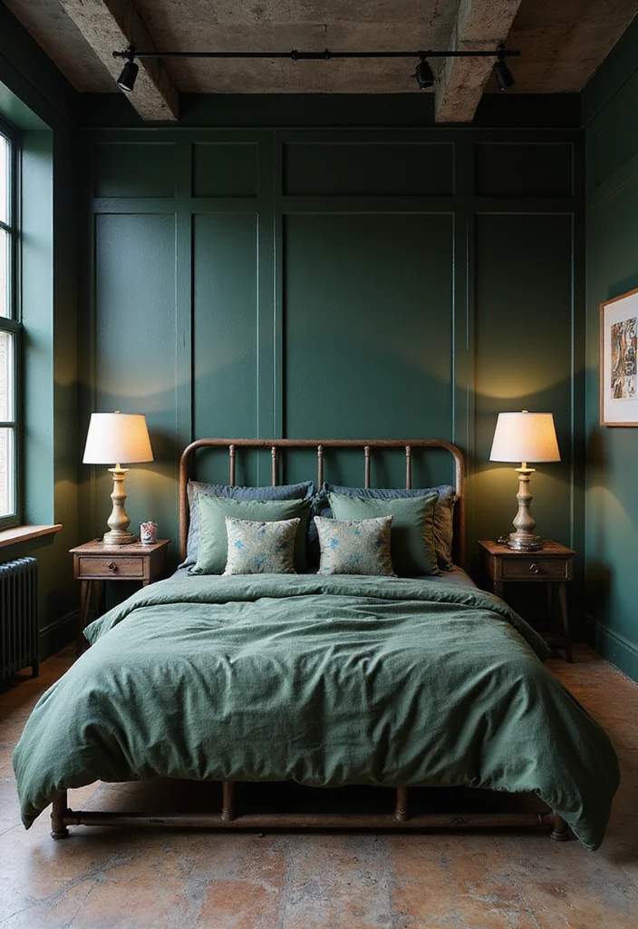12 Dark Green Bedroom Ideas for Rich Calm Natural Depth 10. Industrial Chic