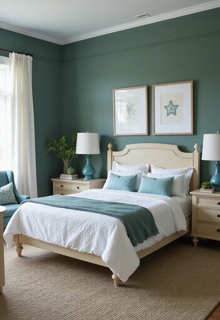 12 Dark Green Bedroom Ideas for Rich Calm Natural Depth 11. Coastal Calm