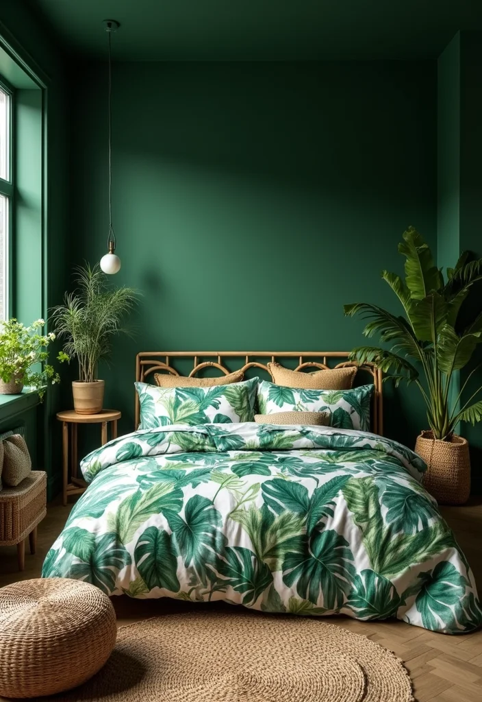 12 Dark Green Bedroom Ideas for Rich Calm Natural Depth 3. Botanical Bliss