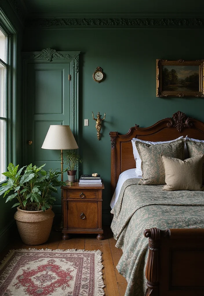 12 Dark Green Bedroom Ideas for Rich Calm Natural Depth 4. Vintage Vibes
