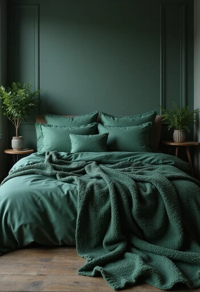 12 Dark Green Bedroom Ideas for Rich Calm Natural Depth 6. Layered Textures