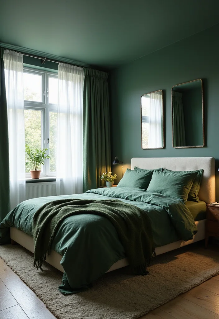 12 Dark Green Bedroom Ideas for Rich Calm Natural Depth 8. Natural Light Play