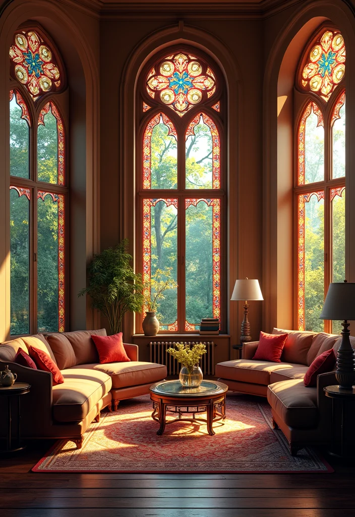12 Living Room Window Ideas for Light Air and Architectural Impact 12. Stained Glass Windows for Colorful Highlights