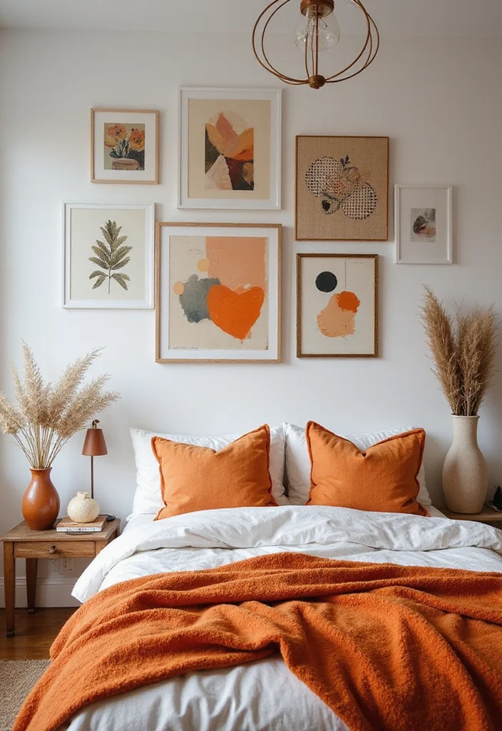 12 Orange Bedroom Ideas for Bright Energetic Warmth 10. Orange Accents in Artwork