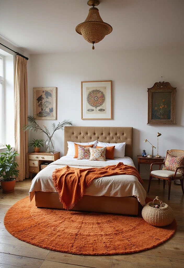 12 Orange Bedroom Ideas for Bright Energetic Warmth 3. Bohemian Orange Rugs