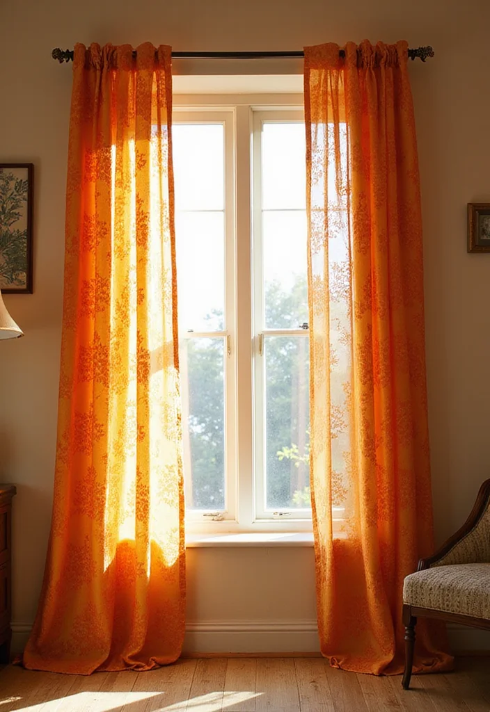 12 Orange Bedroom Ideas for Bright Energetic Warmth 8. Orange Printed Curtains