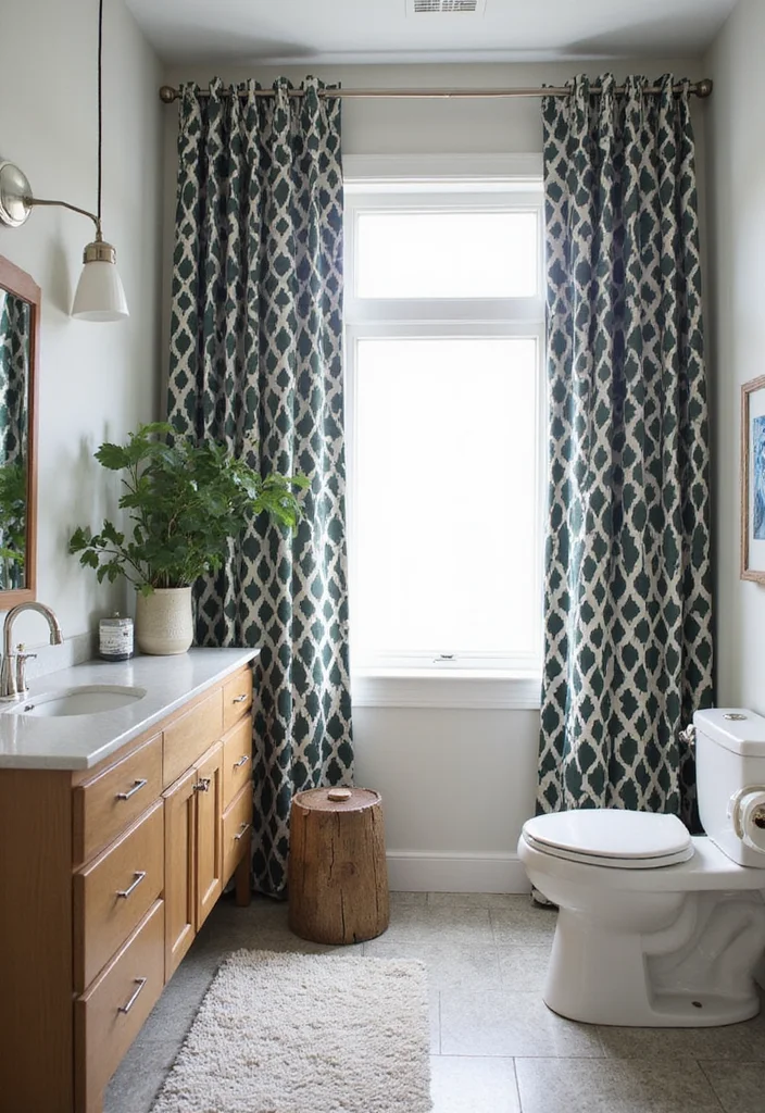 12 Small Bathroom Curtain Ideas for Light Privacy and Style 89 12 Small Bathroom Curtain Ideas for Light Privacy and Style 9. Bold Geometric Patterns for a Modern Edge