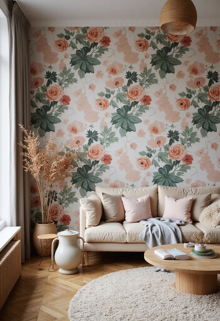 12 Wallpaper Living Room Ideas for Texture, Pattern, and Personality - 4. Bold Floral Designs