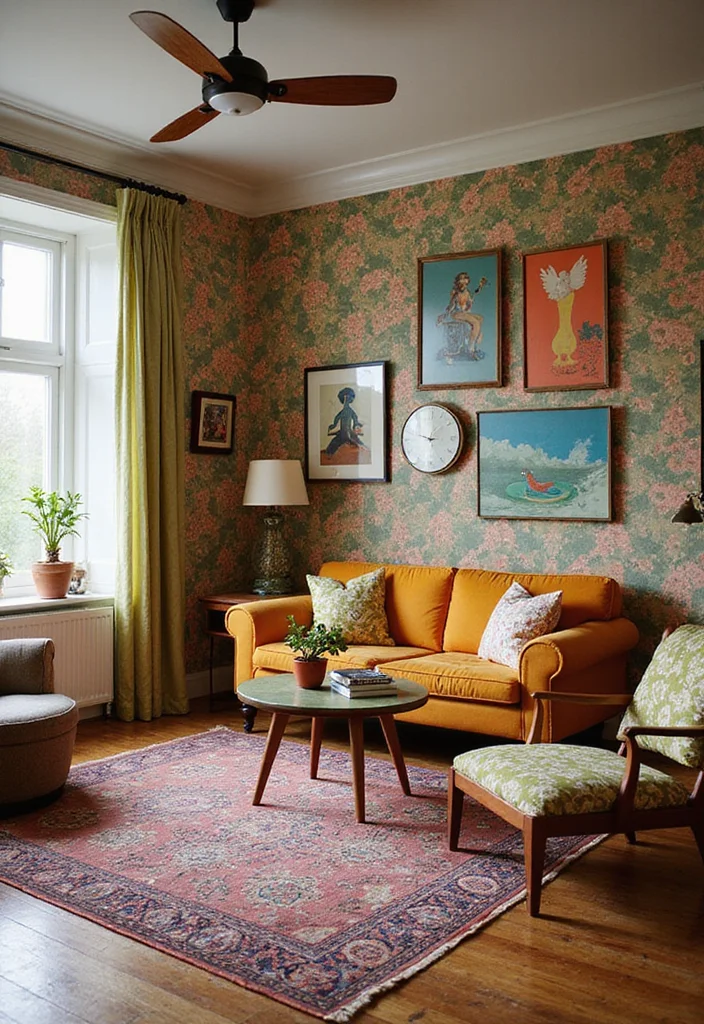12 Wallpaper Living Room Ideas for Texture, Pattern, and Personality - 6. Retro Patterns for Nostalgic Charm