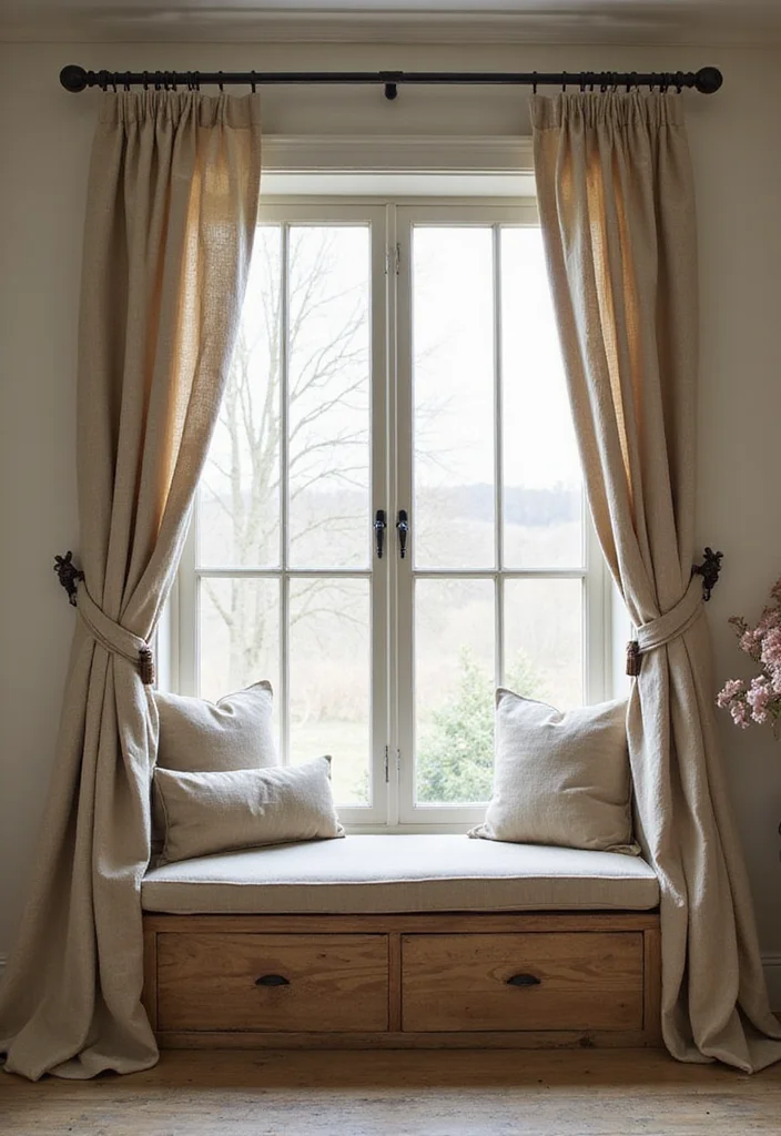12 Window Seat Curtain Ideas for Cozy Private Relaxed Corners 3. Rustic Linen Drapes