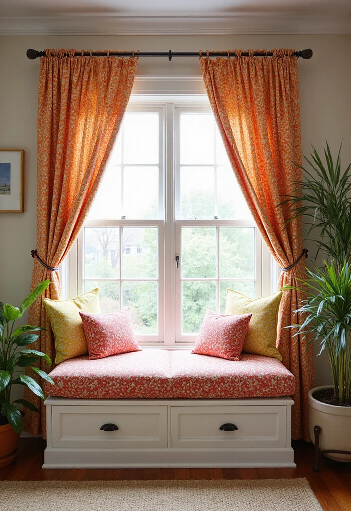 12 Window Seat Curtain Ideas for Cozy Private Relaxed Corners 4. Bright and Bold Patterns