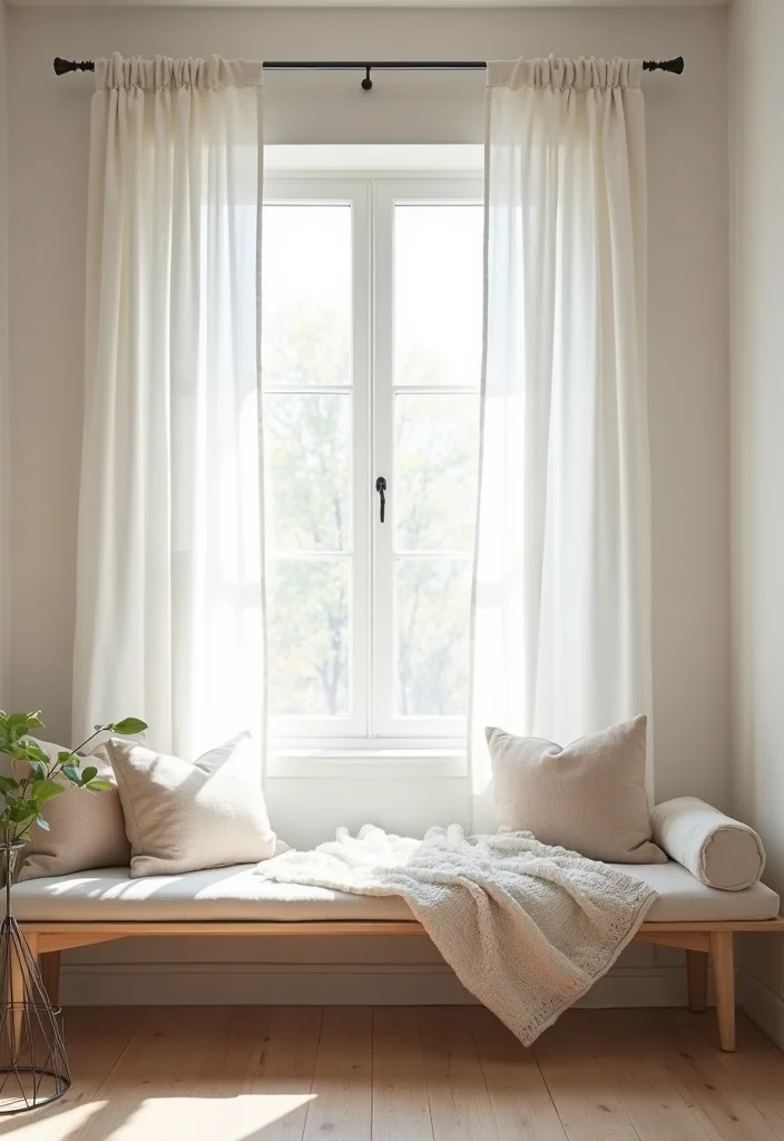 12 Window Seat Curtain Ideas for Cozy Private Relaxed Corners 7. Minimalist Scandinavian Style