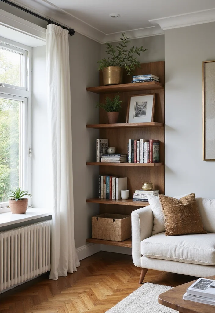 14 Living Room Storage Ideas for Organized Practical Everyday Use 8. Corner Shelving Units