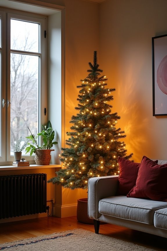 diagonal corner christmas tree setup with lights