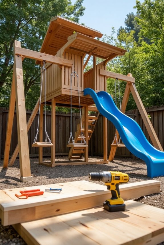 Build Your Own Backyard Playset in 3 Simple Steps 3 swings slides climbers installed
